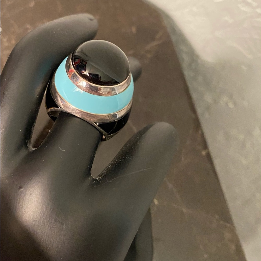 Sterling silver inlaid jade and black onyx Ring